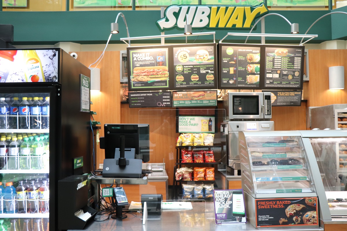 Checkout counter of Subway sandwich restaurant.